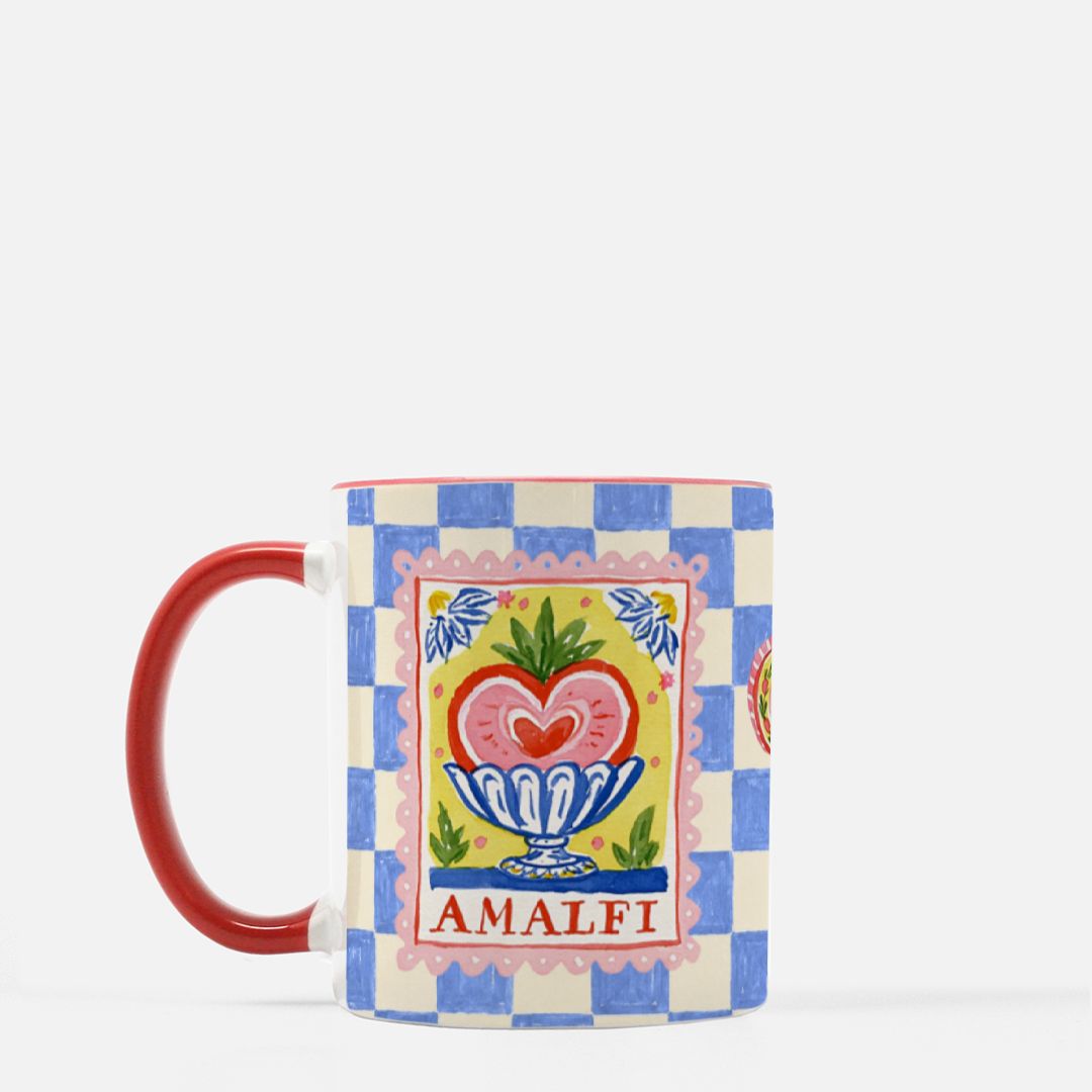 Amalfi Blue Checkered Mug with Red Handle