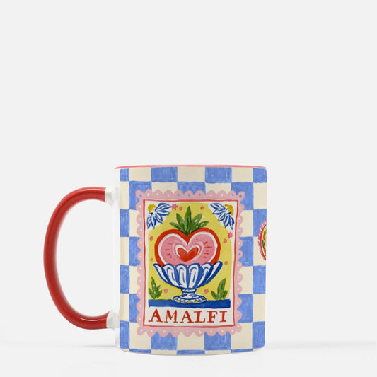 Amalfi Blue Checkered Mug with Red Handle