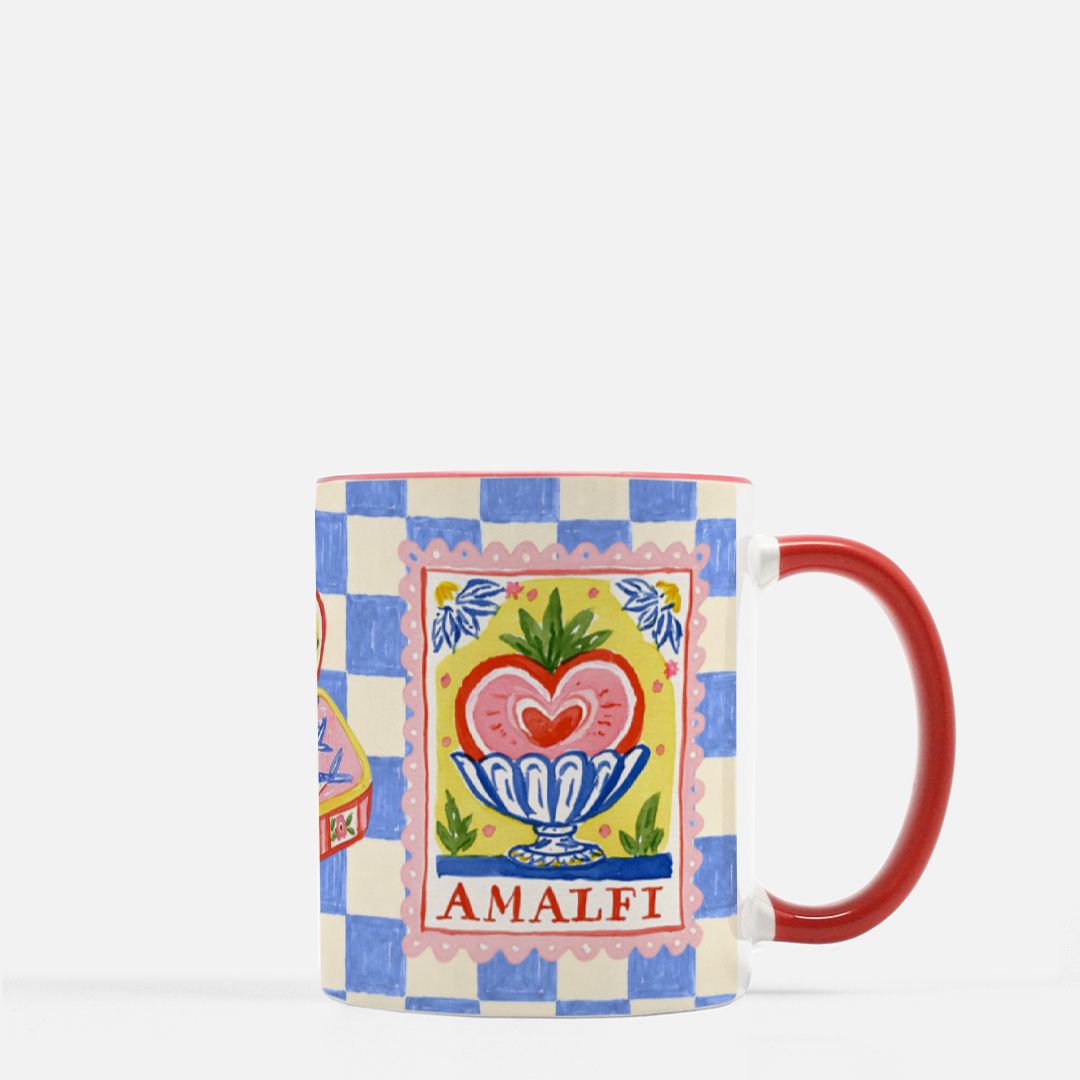 Amalfi Blue Checkered Mug with Red Handle