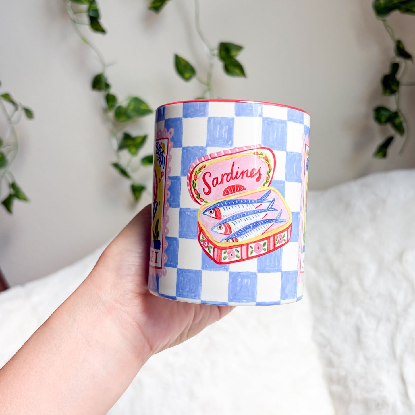 Amalfi Blue Checkered Mug with Red Handle