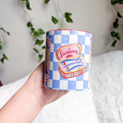 Amalfi Blue Checkered Mug with Red Handle