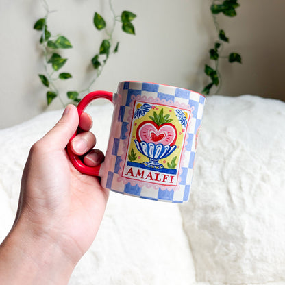 Amalfi Blue Checkered Mug with Red Handle