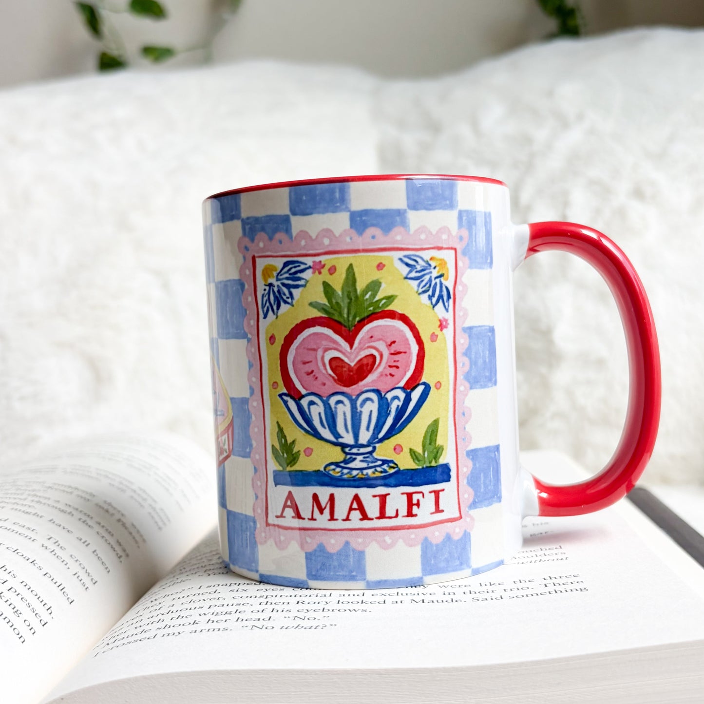 Amalfi Blue Checkered Mug with Red Handle