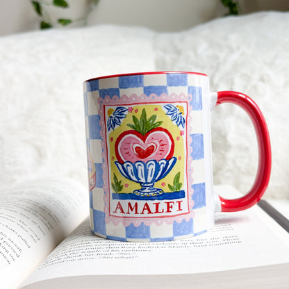Amalfi Blue Checkered Mug with Red Handle