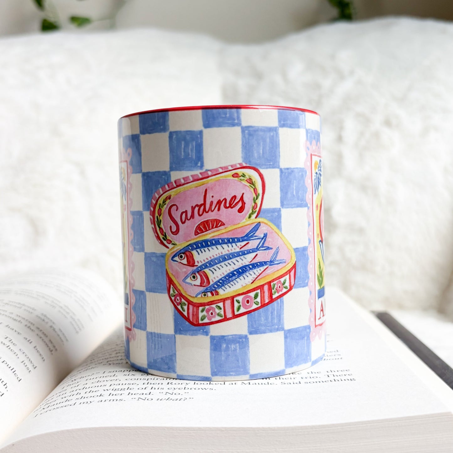Amalfi Blue Checkered Mug with Red Handle