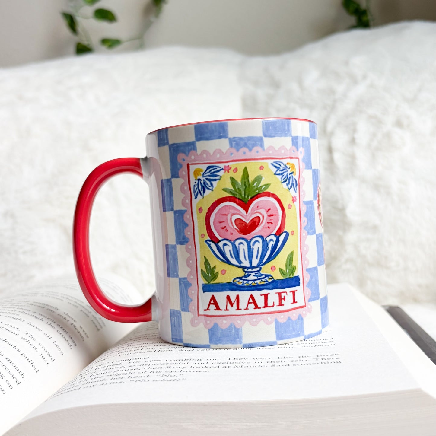 Amalfi Blue Checkered Mug with Red Handle