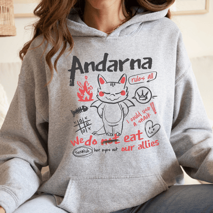 Grey hoodie featuring a cute dragon cartoon, doodles, and bookish Andarna text design.