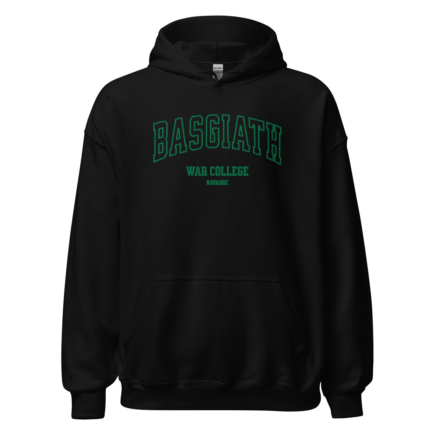 Black unisex hoodie with green 'BASGIATH WAR COLLEGE NAVARRE' text on front.