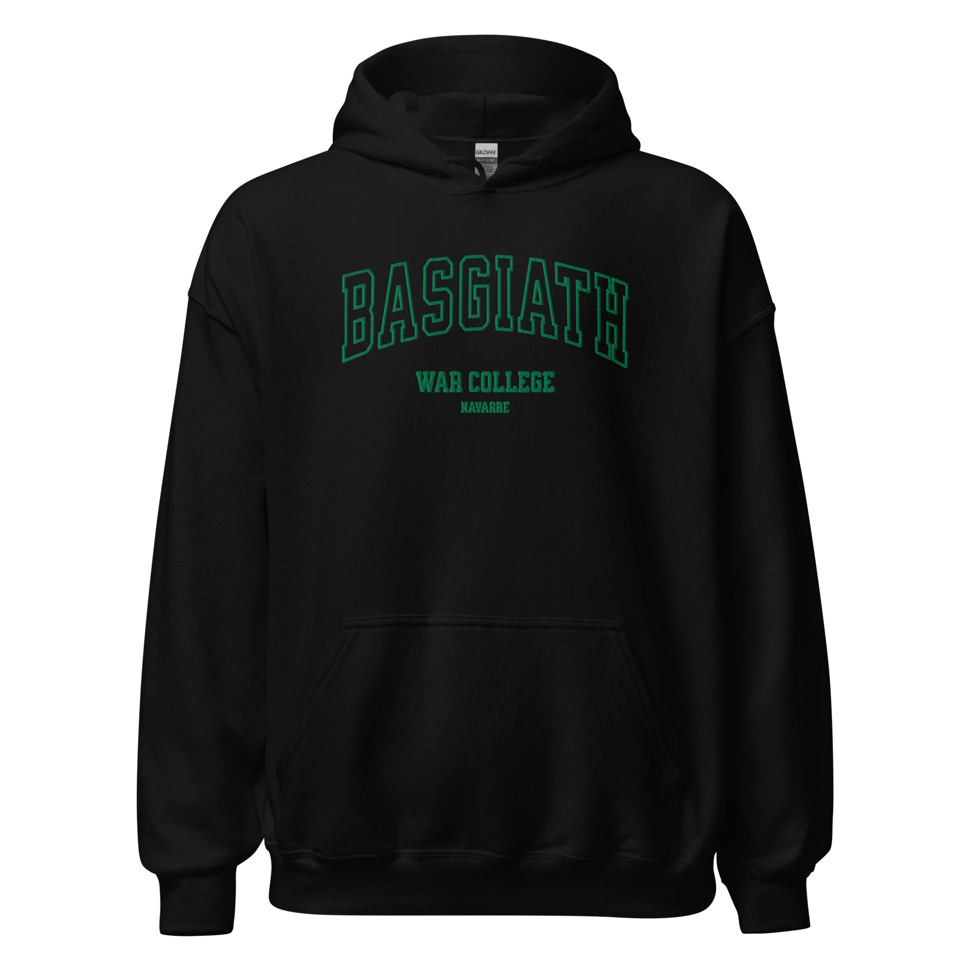 Black unisex hoodie with green 'BASGIATH WAR COLLEGE NAVARRE' text on front.
