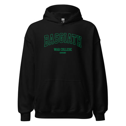 Black unisex hoodie with green 'BASGIATH WAR COLLEGE NAVARRE' text on front.