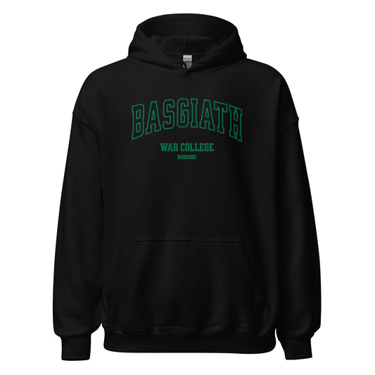 Black unisex hoodie with green 'BASGIATH WAR COLLEGE NAVARRE' text on front.