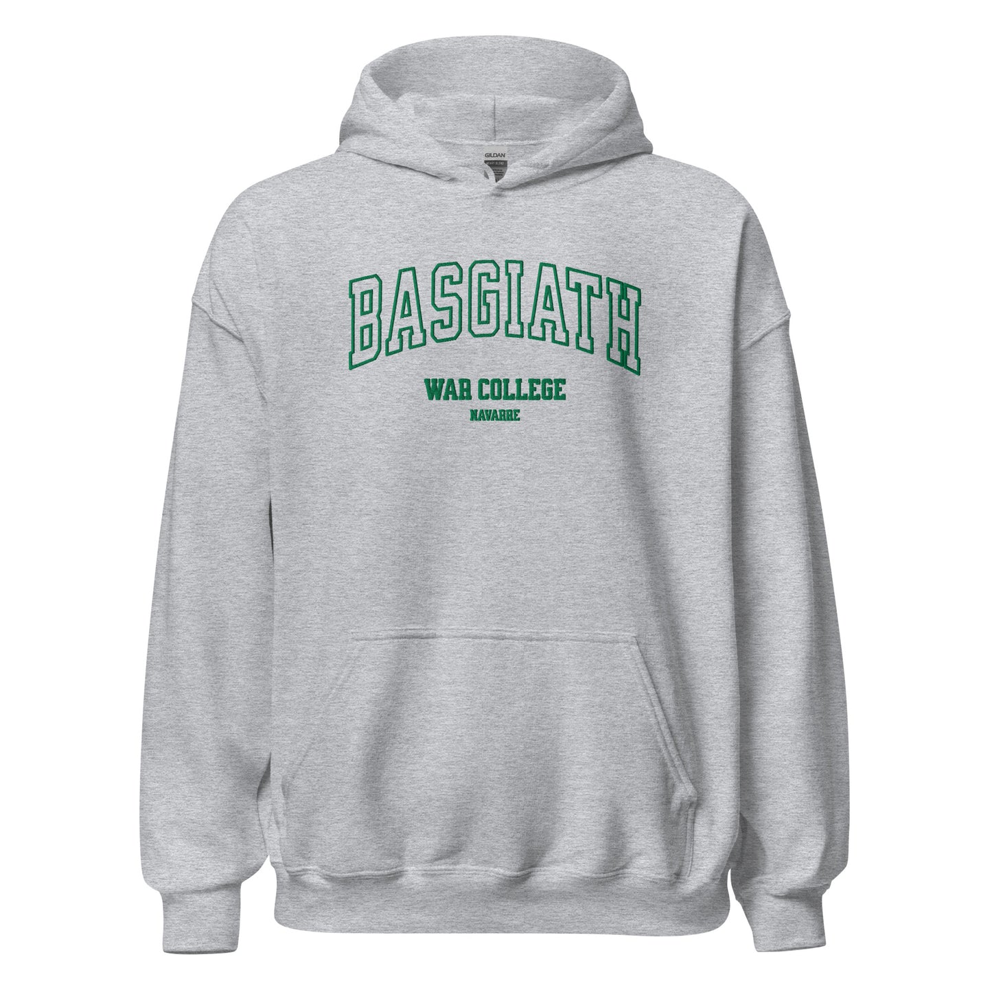 Sport grey unisex hoodie with green 'Basgiath War College Navarre' text on front