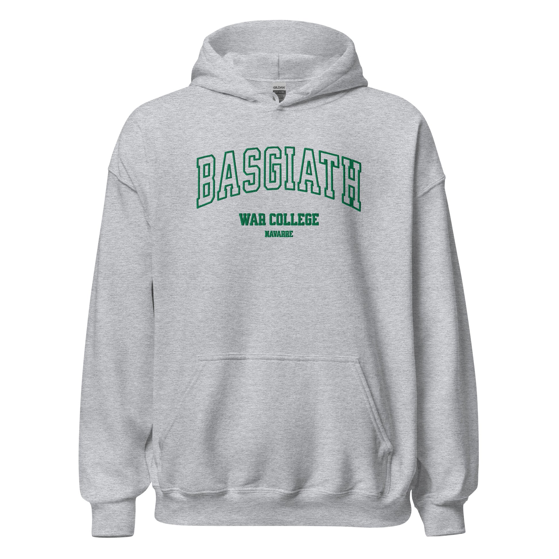 Sport grey unisex hoodie with green 'Basgiath War College Navarre' text on front