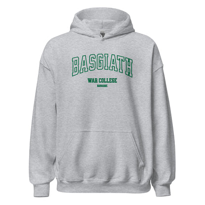 Sport grey unisex hoodie with green 'Basgiath War College Navarre' text on front