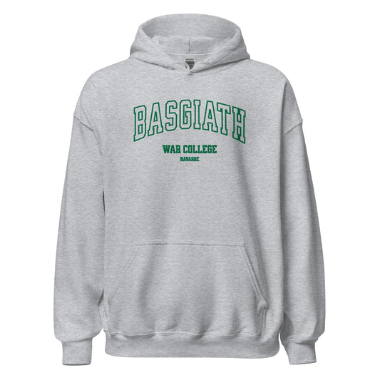 Sport grey unisex hoodie with green 'Basgiath War College Navarre' text on front