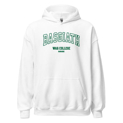 White unisex hoodie with green 'BASGIATH WAR COLLEGE NAVARRE' text on front, kangaroo pocket
