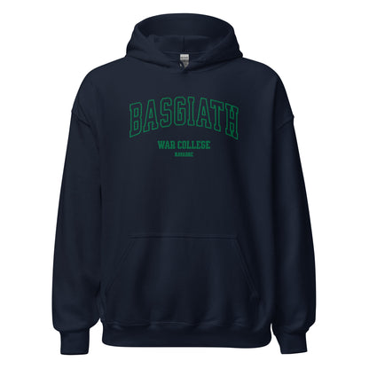 Navy unisex hoodie with BASGIATH WAR COLLEGE NAVARRE text in green on the front.