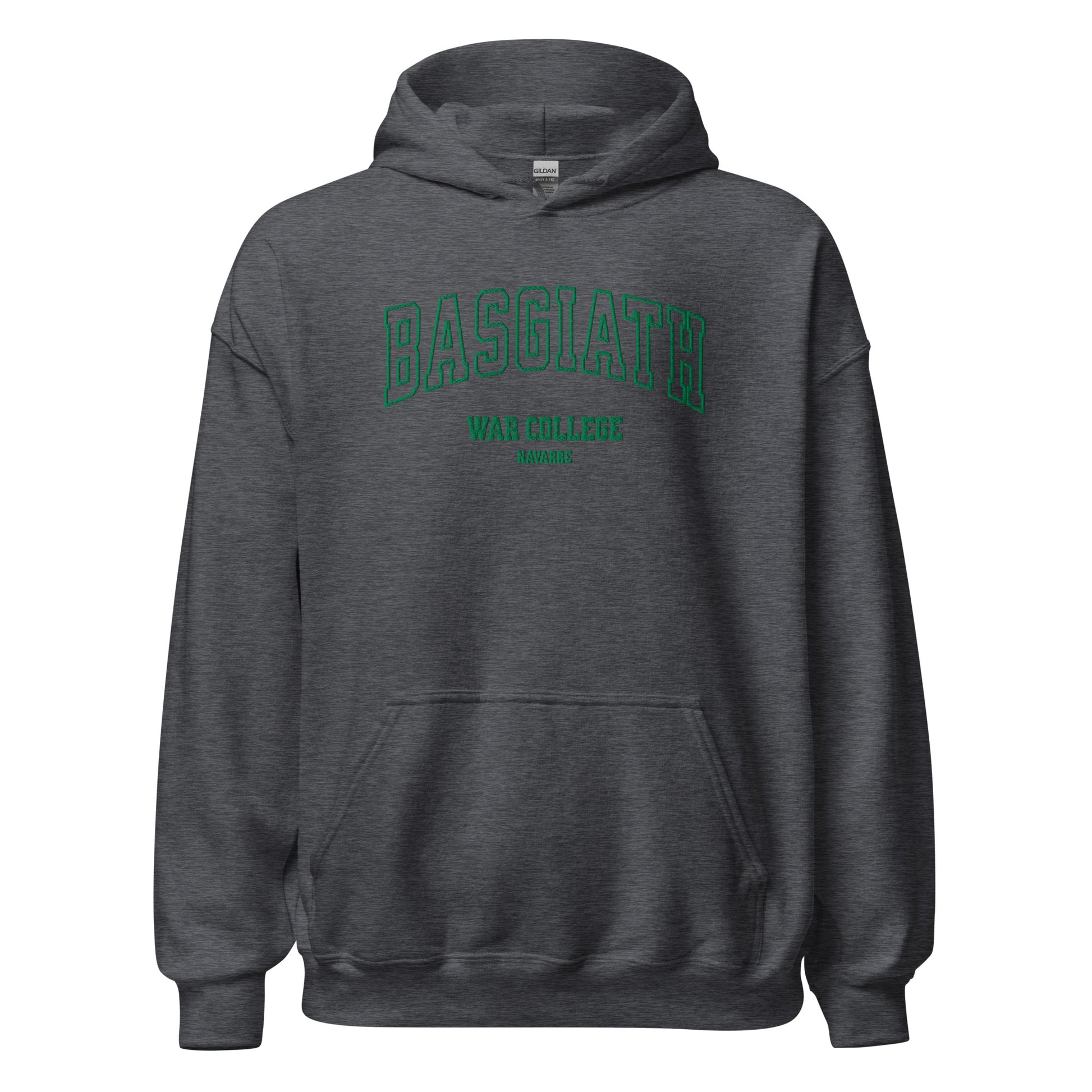 Dark heather gray hoodie with green 'Basgiath War College Navarre' text on front, unisex fit