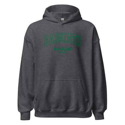 Dark heather gray hoodie with green 'Basgiath War College Navarre' text on front, unisex fit