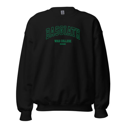 Black unisex crew neck sweatshirt with green 'Basgiath War College Navarre' text on front
