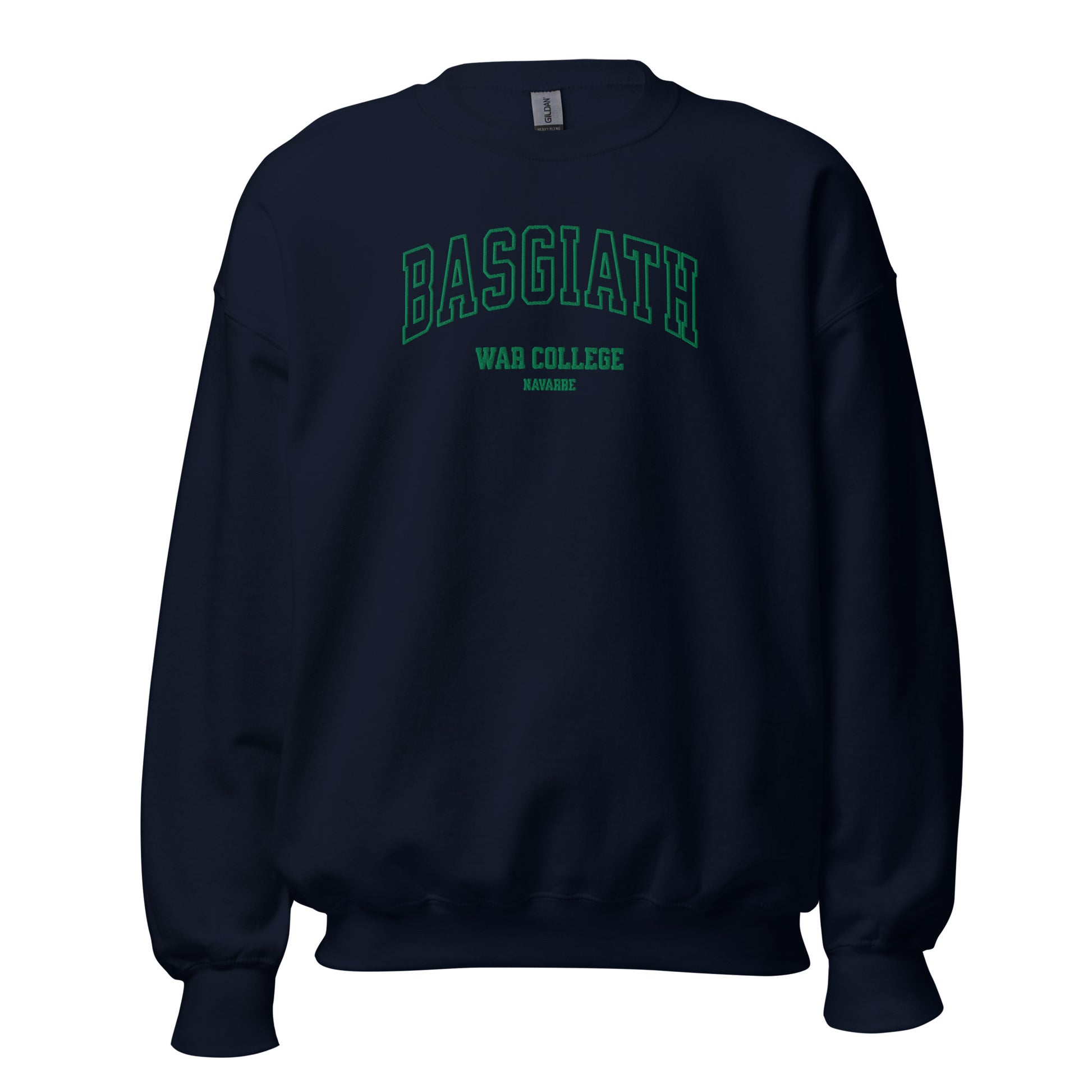 Navy unisex crew neck sweatshirt with BASGIATH WAR COLLEGE NAVARRE text in green.