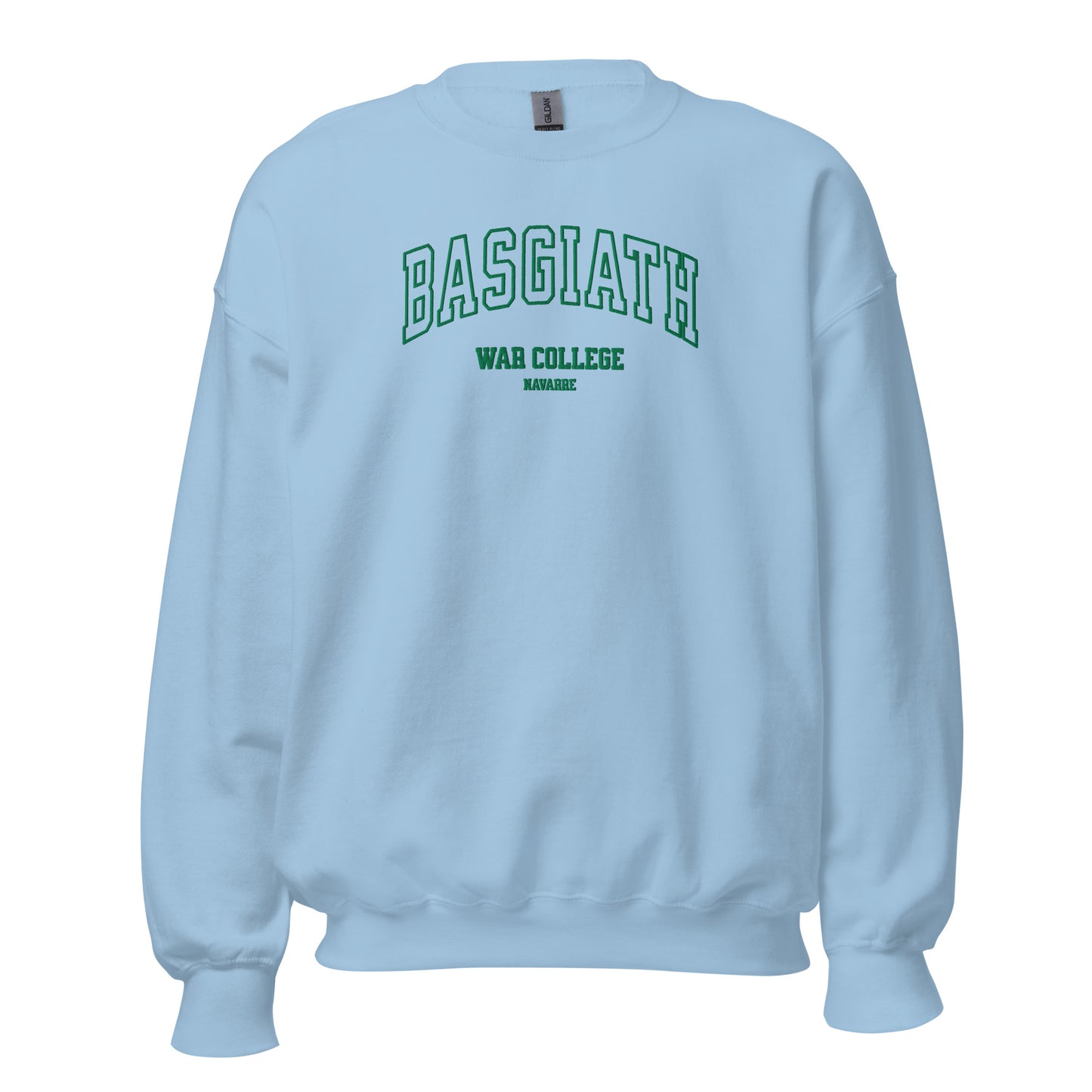 Light blue unisex crewneck sweatshirt with 'BASGIATH WAR COLLEGE NAVARRE' text in green.
