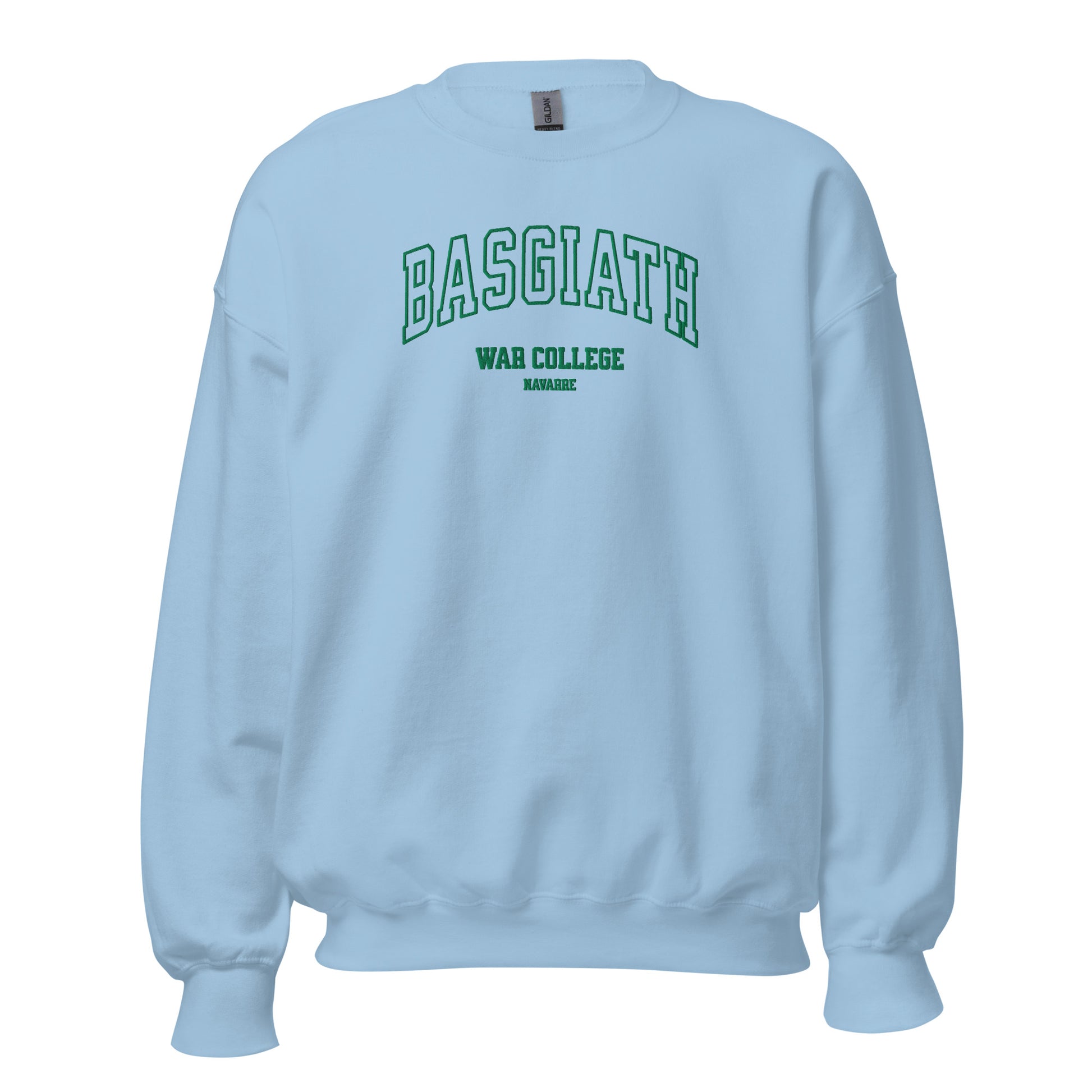 Light blue unisex crewneck sweatshirt with 'BASGIATH WAR COLLEGE NAVARRE' text in green.