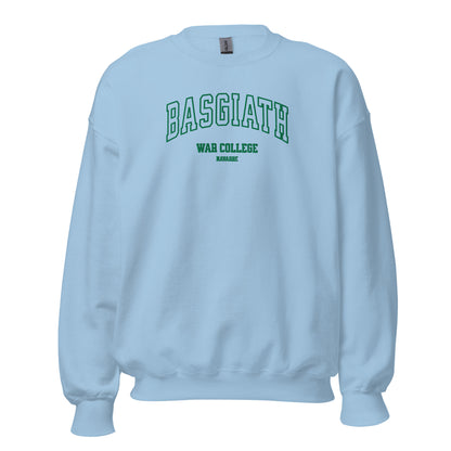 Light blue unisex crewneck sweatshirt with 'BASGIATH WAR COLLEGE NAVARRE' text in green.