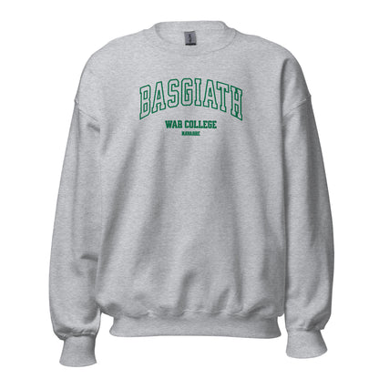 Unisex grey crew neck sweatshirt with green Basgiath War College Navarre text print