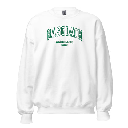 Unisex white crew neck sweatshirt with green Basgiath War College Navarre text print