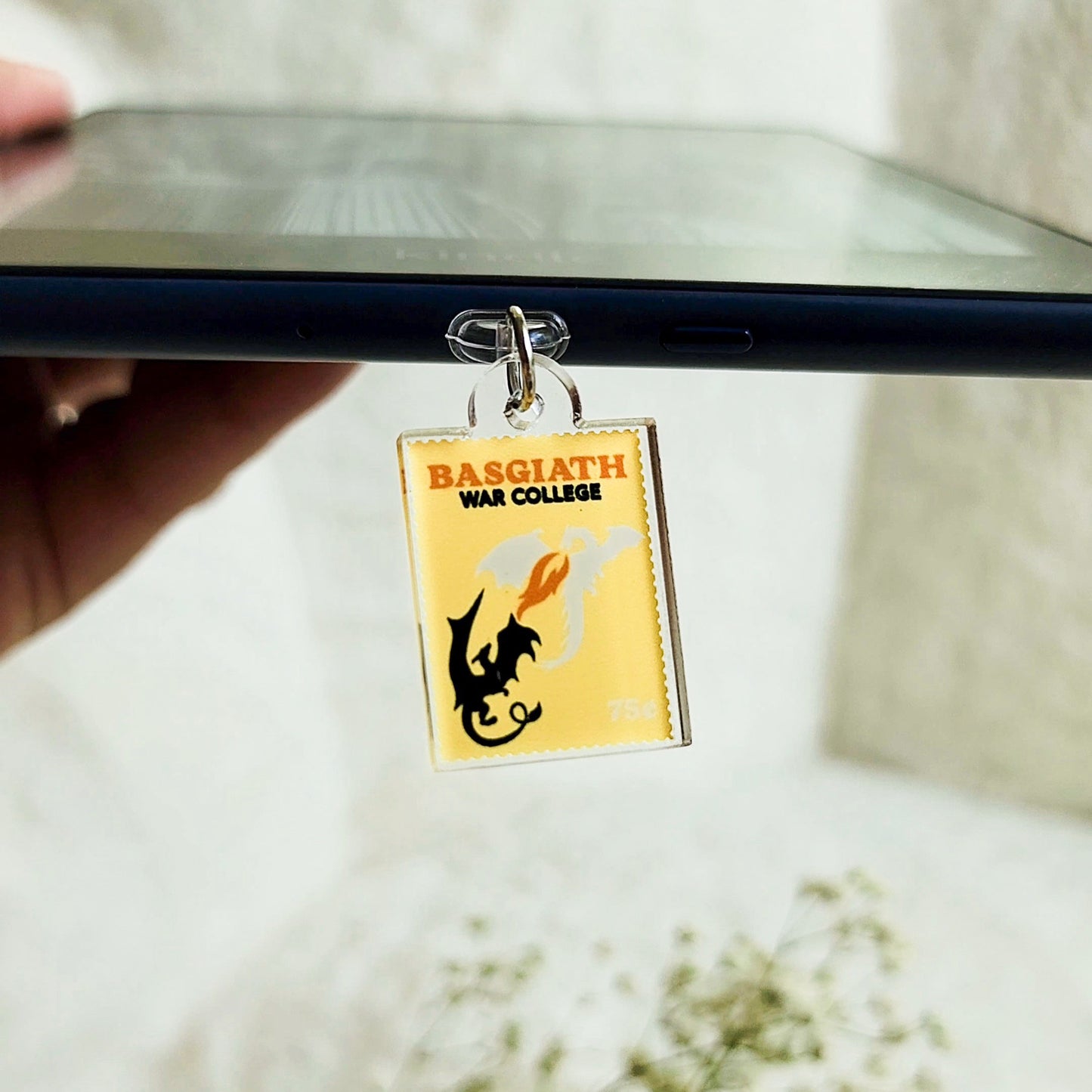 Basgiath War College Fourth Wing Kindle Charm - The Bean Workshop - basgiath war college, dust plug, e readers, fourth wing, iron flame, kindle charm, onyx storm, phone charm, reading accessories, rebecca yarros