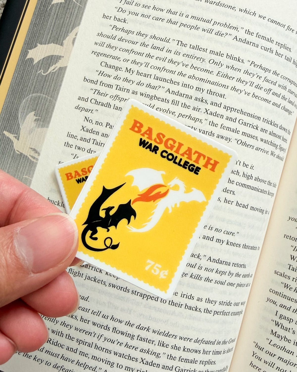 Basgiath War College Stamp Sticker - The Bean Workshop - Basgiath War College, Bookish Gift, bookish sticker, dain aetos, die cut sticker, Empyrean series, fourth wing, Fourth Wing Merch, Fourth Wing Sticker, IMOGEN CARDULO, Liam Mairi, rebecca yarros, Rebecca Yarros Sticker, rhiannon Matthias, ridoc gamlyn, sticker, vinyl sticker, violet sorrengail, xaden riorson