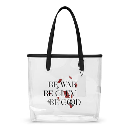 Be Wary, Be Clever, Be Good Clear Tote Bag - The Bean Workshop - Be Wary Be Clever Be Good Clear Tote Bag Fan Merch, Bold Typography Print, Bookish Clear Tote for Fantasy Readers, Clear Tote Bag, Crimson Grey Editorial Design, Dark Academia Aesthetic, Fandom Tote Bag, Gift for Book Lovers, Literary Fantasy Quote, One Dark Window, Rachel Gillig, Statement Fandom Accessory, Transparent Bookish Bag