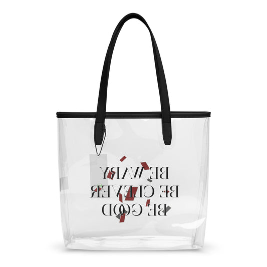 Be Wary, Be Clever, Be Good Clear Tote Bag - The Bean Workshop - Be Wary Be Clever Be Good Clear Tote Bag Fan Merch, Bold Typography Print, Bookish Clear Tote for Fantasy Readers, Clear Tote Bag, Crimson Grey Editorial Design, Dark Academia Aesthetic, Fandom Tote Bag, Gift for Book Lovers, Literary Fantasy Quote, One Dark Window, Rachel Gillig, Statement Fandom Accessory, Transparent Bookish Bag