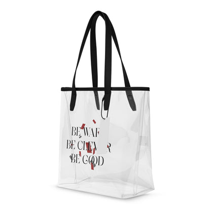 Be Wary, Be Clever, Be Good Clear Tote Bag - The Bean Workshop - Be Wary Be Clever Be Good Clear Tote Bag Fan Merch, Bold Typography Print, Bookish Clear Tote for Fantasy Readers, Clear Tote Bag, Crimson Grey Editorial Design, Dark Academia Aesthetic, Fandom Tote Bag, Gift for Book Lovers, Literary Fantasy Quote, One Dark Window, Rachel Gillig, Statement Fandom Accessory, Transparent Bookish Bag