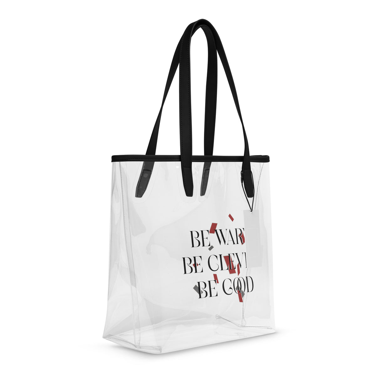 Be Wary, Be Clever, Be Good Clear Tote Bag - The Bean Workshop - Be Wary Be Clever Be Good Clear Tote Bag Fan Merch, Bold Typography Print, Bookish Clear Tote for Fantasy Readers, Clear Tote Bag, Crimson Grey Editorial Design, Dark Academia Aesthetic, Fandom Tote Bag, Gift for Book Lovers, Literary Fantasy Quote, One Dark Window, Rachel Gillig, Statement Fandom Accessory, Transparent Bookish Bag