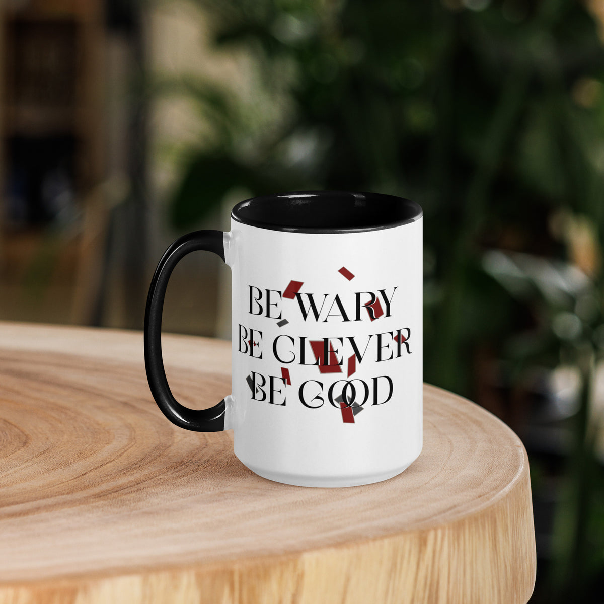 Be Wary, Be Clever, Be Good Mug with Color Inside - The Bean Workshop - Be Wary Be Clever Be Good Ceramic Mug Fan Gift, Bold Typography Design, Bookish Mug for Fantasy Readers, Ceramic Mug, Cozy Bookish Aesthetic, Crimson Grey Accent Mug, Dark Academia Aesthetic, Editorial Literary Quote, Fantasy Mantra Drinkware, Gift for Book Lovers, One Dark Window, Rachel Gillig, Reader Coffee Mug