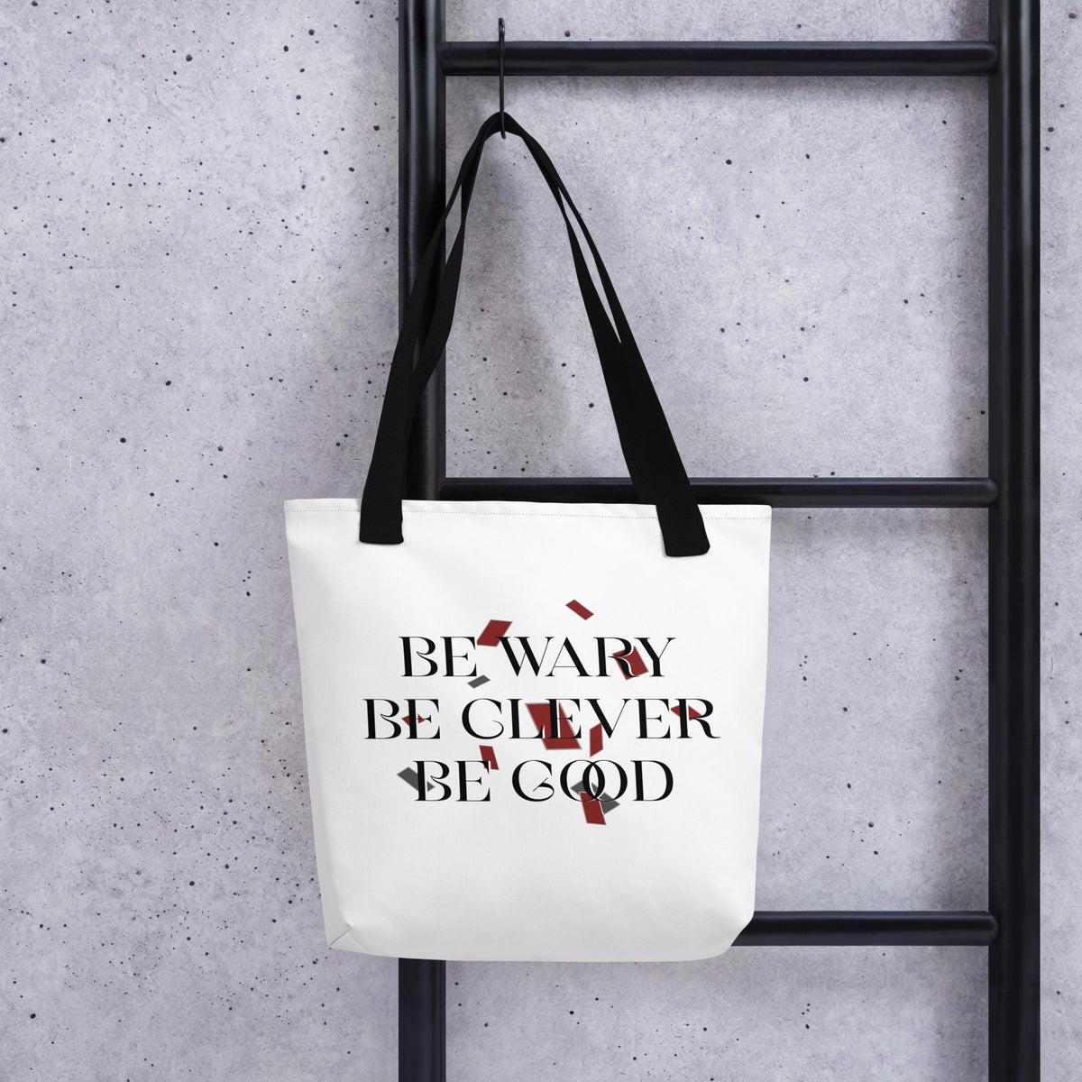 Be Wary, Be Clever, Be Good Tote Bag - The Bean Workshop - Be Wary Be Clever Be Good Eco Tote Bag Fan Merch, Bold Typography Design, Bookish Tote for Fantasy Readers, Crimson Grey Confetti Accent, Dark Academia Aesthetic, Eco Tote Bag, Editorial Quote Tote, Fandom Tote Bag, Gift for Fantasy Readers, Literary Fantasy Mantra, One Dark Window, Rachel Gillig, Sustainable Bookish Bag