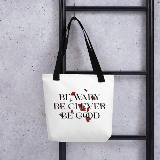 Be Wary, Be Clever, Be Good Tote Bag - The Bean Workshop - Be Wary Be Clever Be Good Eco Tote Bag Fan Merch, Bold Typography Design, Bookish Tote for Fantasy Readers, Crimson Grey Confetti Accent, Dark Academia Aesthetic, Eco Tote Bag, Editorial Quote Tote, Fandom Tote Bag, Gift for Fantasy Readers, Literary Fantasy Mantra, One Dark Window, Rachel Gillig, Sustainable Bookish Bag