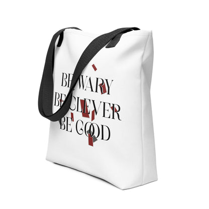 Be Wary, Be Clever, Be Good Tote Bag - The Bean Workshop - Be Wary Be Clever Be Good Eco Tote Bag Fan Merch, Bold Typography Design, Bookish Tote for Fantasy Readers, Crimson Grey Confetti Accent, Dark Academia Aesthetic, Eco Tote Bag, Editorial Quote Tote, Fandom Tote Bag, Gift for Fantasy Readers, Literary Fantasy Mantra, One Dark Window, Rachel Gillig, Sustainable Bookish Bag
