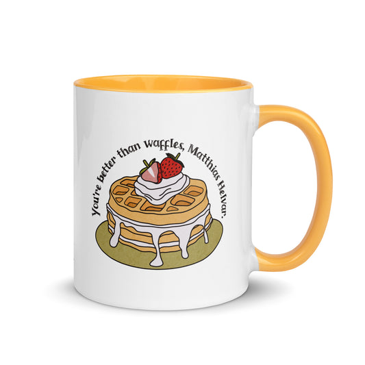 Better Than Waffles Mug with Color Inside - The Bean Workshop - Better Than Waffles, Book Lover Gift, Bookworm Mug, Ceramic Mug, Cute Waffle Design, Fantasy Fan Gift, Grishaverse mug, Helnik, leigh bardugo, Leigh Bardugo merch for readers, Literary Quote, Matthias Helvar bookish gift, Nina Zenik waffle quote coffee cup, Six of Crows mug