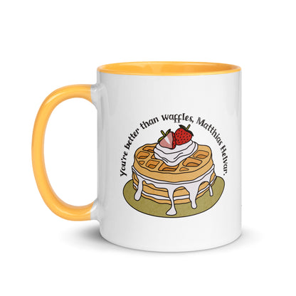 Better Than Waffles Mug with Color Inside - The Bean Workshop - Better Than Waffles, Book Lover Gift, Bookworm Mug, Ceramic Mug, Cute Waffle Design, Fantasy Fan Gift, Grishaverse mug, Helnik, leigh bardugo, Leigh Bardugo merch for readers, Literary Quote, Matthias Helvar bookish gift, Nina Zenik waffle quote coffee cup, Six of Crows mug