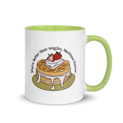 Better Than Waffles Mug with Color Inside - The Bean Workshop - Better Than Waffles, Book Lover Gift, Bookworm Mug, Ceramic Mug, Cute Waffle Design, Fantasy Fan Gift, Grishaverse mug, Helnik, leigh bardugo, Leigh Bardugo merch for readers, Literary Quote, Matthias Helvar bookish gift, Nina Zenik waffle quote coffee cup, Six of Crows mug