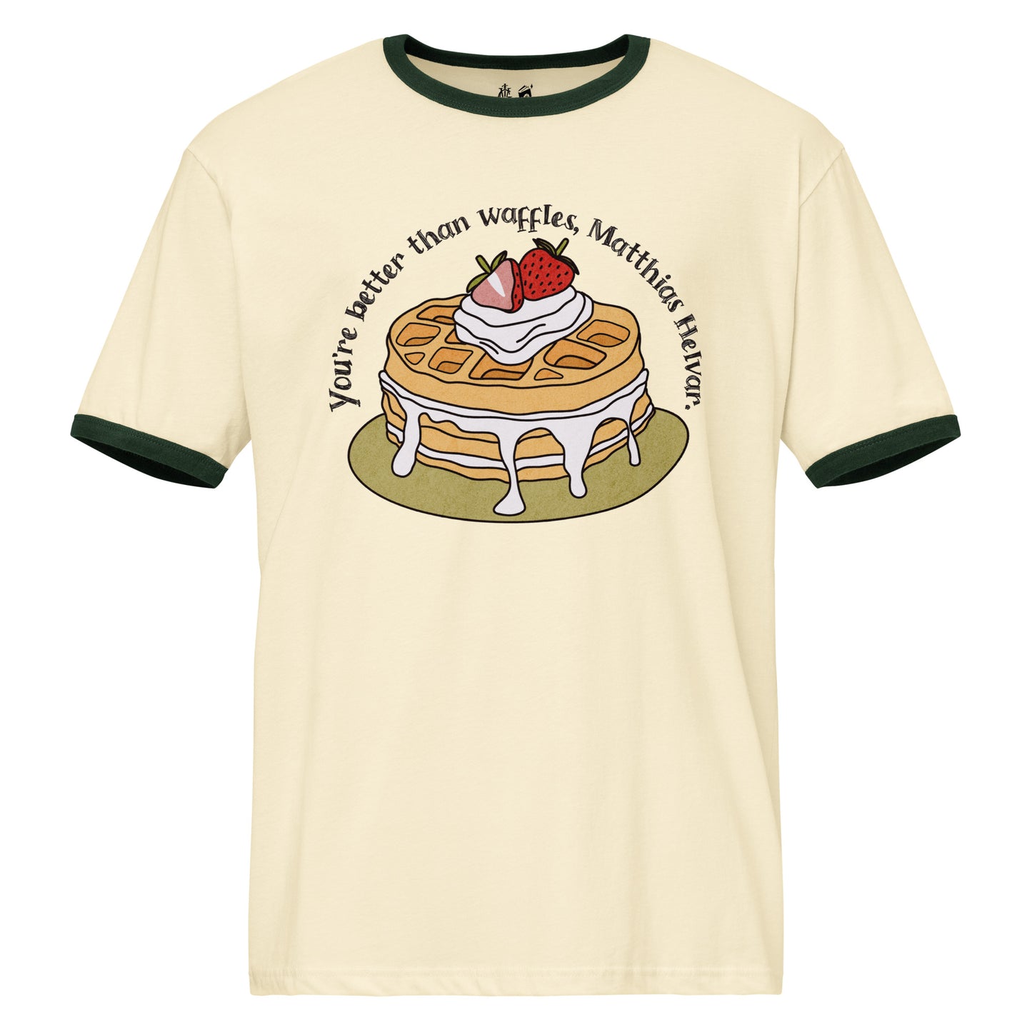 Better Than Waffles Ringer T-shirt - The Bean Workshop - Better than Waffles shirt, Book Lover Gift, Bookish T-shirt, Cozy Aesthetic, Cute Graphic Tee, Grishaverse gift, Helnik, leigh bardugo, Leigh Bardugo fan apparel, Literary Quote, Matthias Helvar merch for readers, Nina Zenik waffle quote shirt, Six of Crows t-shirt, Waffle Illustration