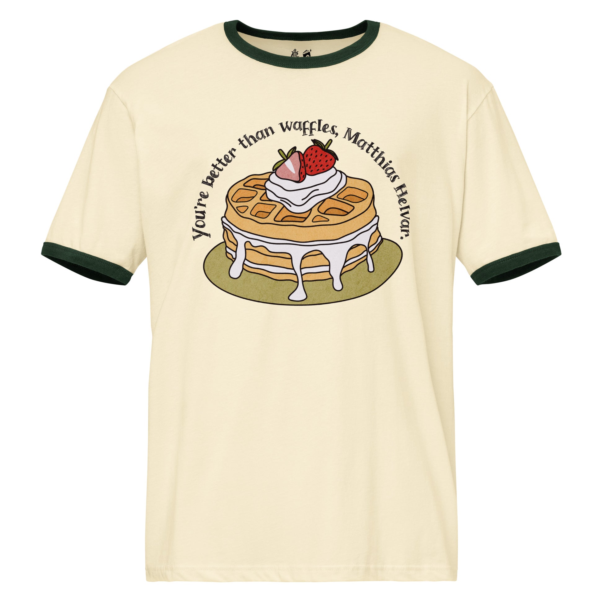 Better Than Waffles Ringer T-shirt - The Bean Workshop - Better than Waffles shirt, Book Lover Gift, Bookish T-shirt, Cozy Aesthetic, Cute Graphic Tee, Grishaverse gift, Helnik, leigh bardugo, Leigh Bardugo fan apparel, Literary Quote, Matthias Helvar merch for readers, Nina Zenik waffle quote shirt, Six of Crows t-shirt, Waffle Illustration