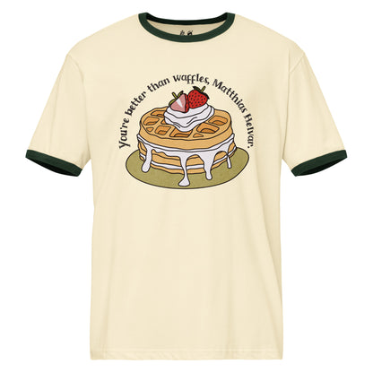 Better Than Waffles Ringer T-shirt - The Bean Workshop - Better than Waffles shirt, Book Lover Gift, Bookish T-shirt, Cozy Aesthetic, Cute Graphic Tee, Grishaverse gift, Helnik, leigh bardugo, Leigh Bardugo fan apparel, Literary Quote, Matthias Helvar merch for readers, Nina Zenik waffle quote shirt, Six of Crows t-shirt, Waffle Illustration