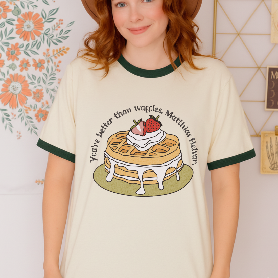 Better Than Waffles Ringer T-shirt - The Bean Workshop - Better than Waffles shirt, Book Lover Gift, Bookish T-shirt, Cozy Aesthetic, Cute Graphic Tee, Grishaverse gift, Helnik, leigh bardugo, Leigh Bardugo fan apparel, Literary Quote, Matthias Helvar merch for readers, Nina Zenik waffle quote shirt, Six of Crows t-shirt, Waffle Illustration