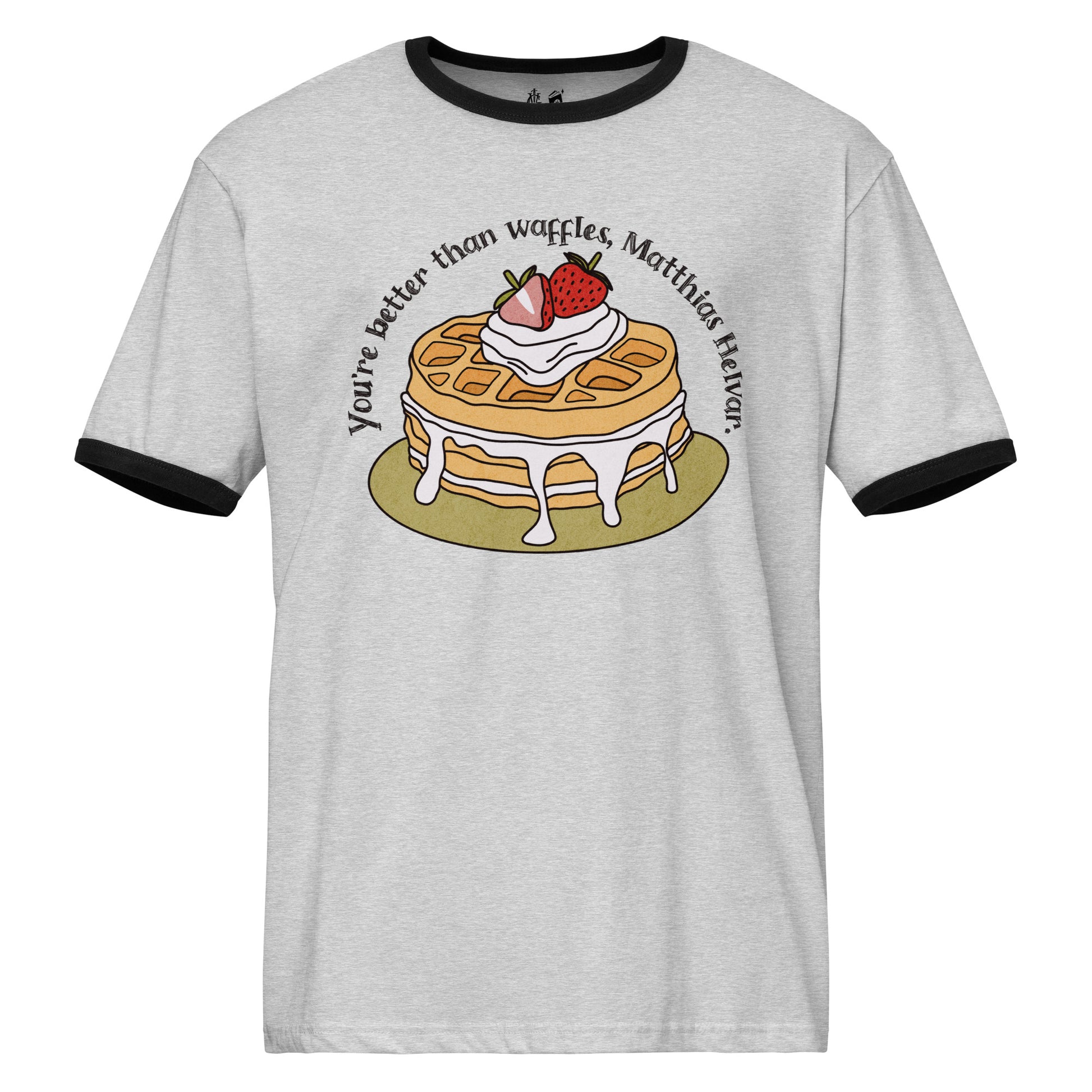 Better Than Waffles Ringer T-shirt - The Bean Workshop - Better than Waffles shirt, Book Lover Gift, Bookish T-shirt, Cozy Aesthetic, Cute Graphic Tee, Grishaverse gift, Helnik, leigh bardugo, Leigh Bardugo fan apparel, Literary Quote, Matthias Helvar merch for readers, Nina Zenik waffle quote shirt, Six of Crows t-shirt, Waffle Illustration