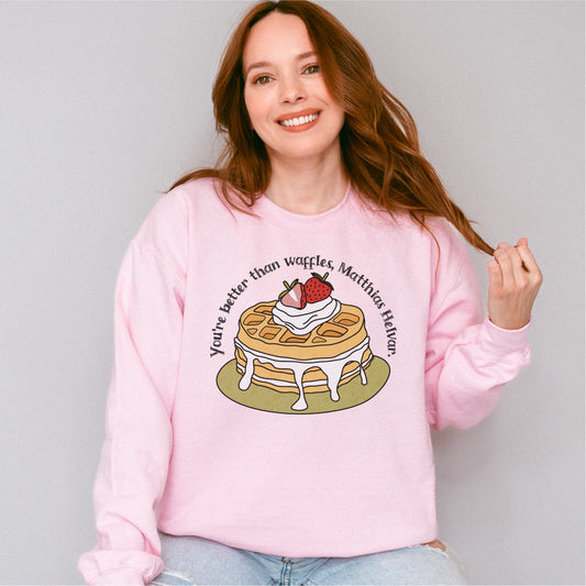 Better Than Waffles Sweatshirt - The Bean Workshop - Better than waffles quote merch, Book lover gift, Bookish Sweatshirt, Cozy reading outfit, Cute Waffle Design, Fantasy Book Merch, Grishaverse sweatshirt for fans, Helnik, leigh bardugo, Leigh Bardugo bookish apparel, Literary Humor, Matthias Helvar, Nina and Matthias cozy sweater, Six of Crows sweatshirt