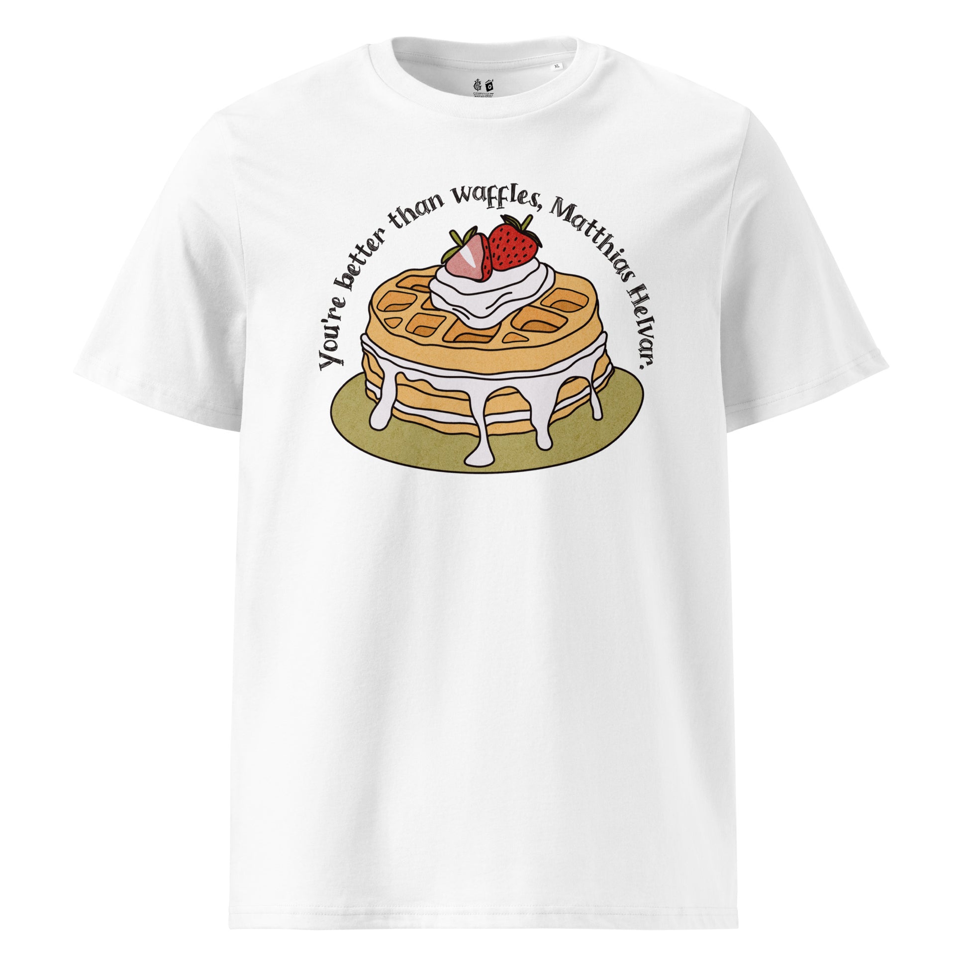Better Than Waffles T-Shirt - The Bean Workshop - Better than Waffles shirt, Book Lover Gift, Bookish T-shirt, Cozy Aesthetic, Cute Graphic Tee, Grishaverse gift, Helnik, Leigh Bardugo fan apparel, Literary Quote, Matthias Helvar merch for readers, Nina Zenik waffle quote shirt, Six of Crows t-shirt, Waffle Illustration